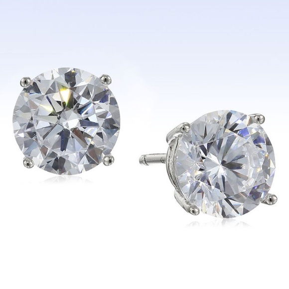 Pair of Platinum Plated Sterling Silver 6.4mm Round Cubic Zirconia Stud Earrings - Picture 1 of 1